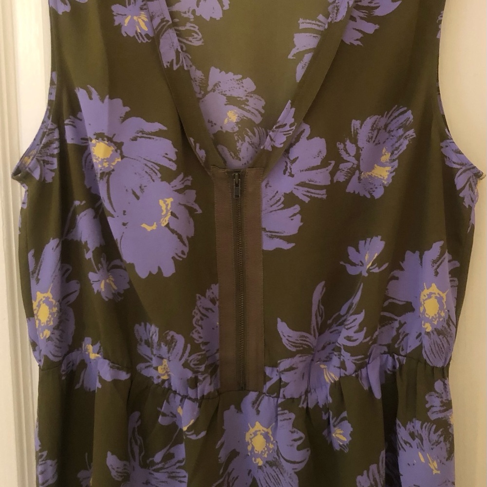CAbi Celebrity Top: green and purple print, sleeveless, with delicate peplum.